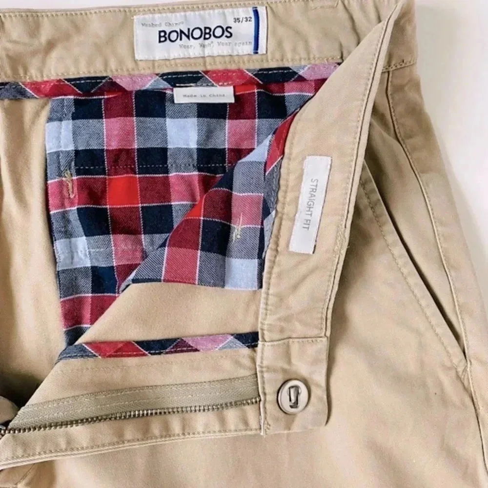 Bonobos Men’s Straight Fit Cotton Twill Chinos Khaki Plaid Accents 35x32